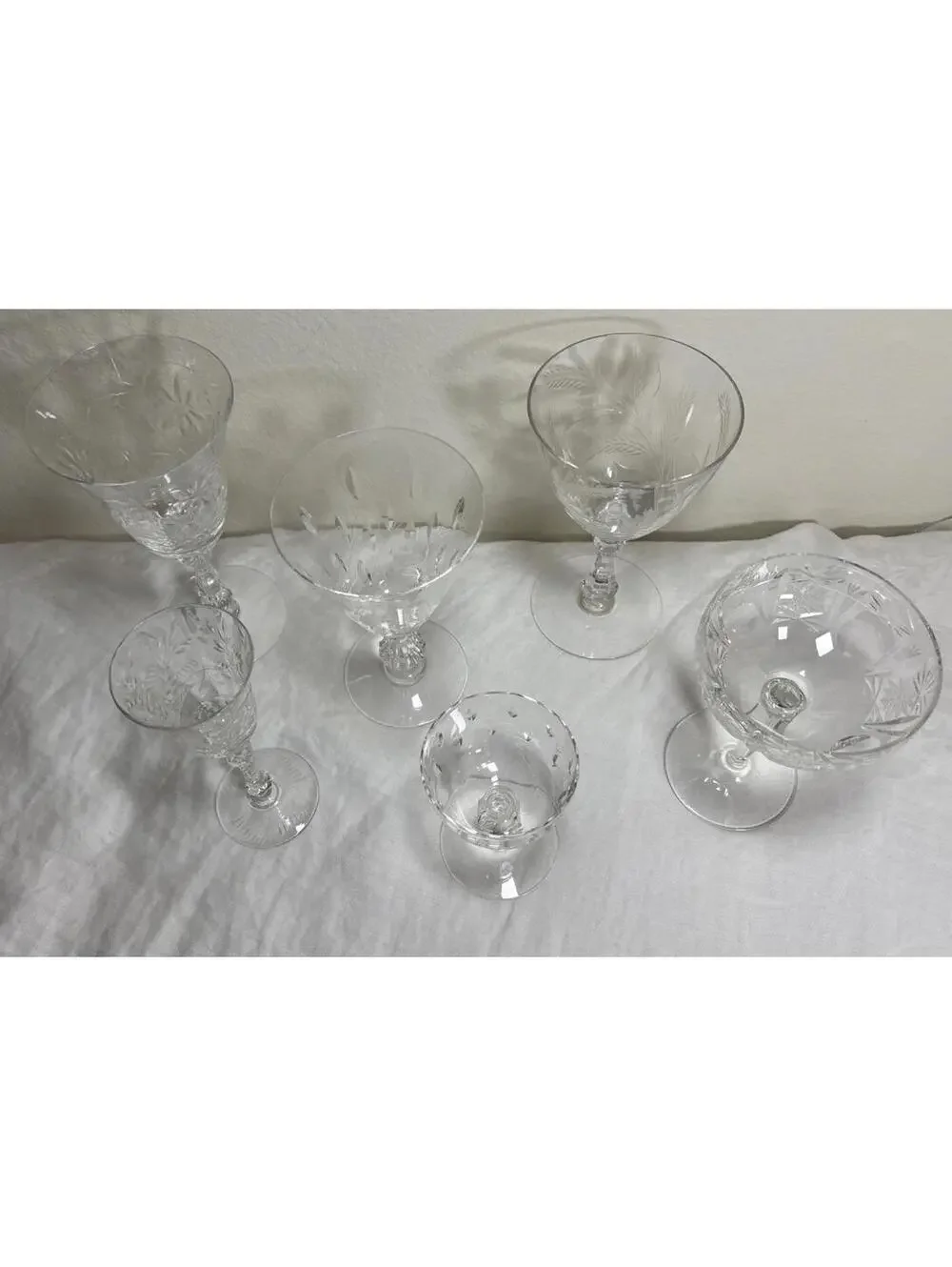 Vintage Etched Crystal Wine & Cocktail Glasses – Set of 6 Mismatched Lot